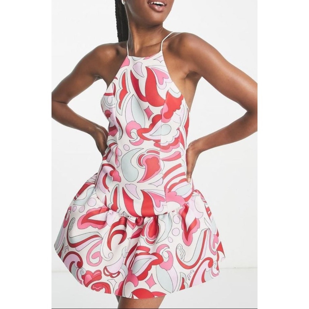 ASOS 70s Abstract Swirl Pink Red Bubble Hem Mini Halter Dress Womens Size 4